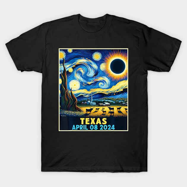 Texas Total Solar Eclipse 2024 Starry Night T-Shirt by Diana-Arts-C